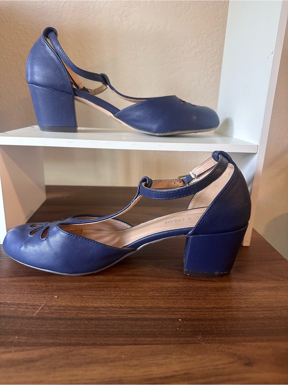 Chase + Chloe Navy T-Strap Block Heel Pumps